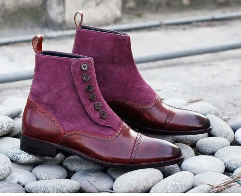 Awesome Men's Handmade Burgundy Leather Suede Cap Toe Button Boots, Men Ankle Fashion Boots