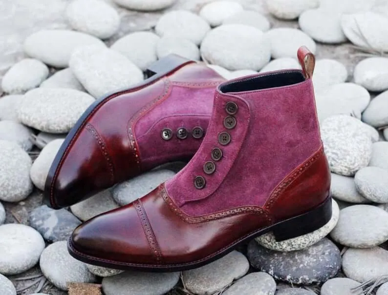 Awesome Men's Handmade Burgundy Leather Suede Cap Toe Button Boots, Men Ankle Fashion Boots