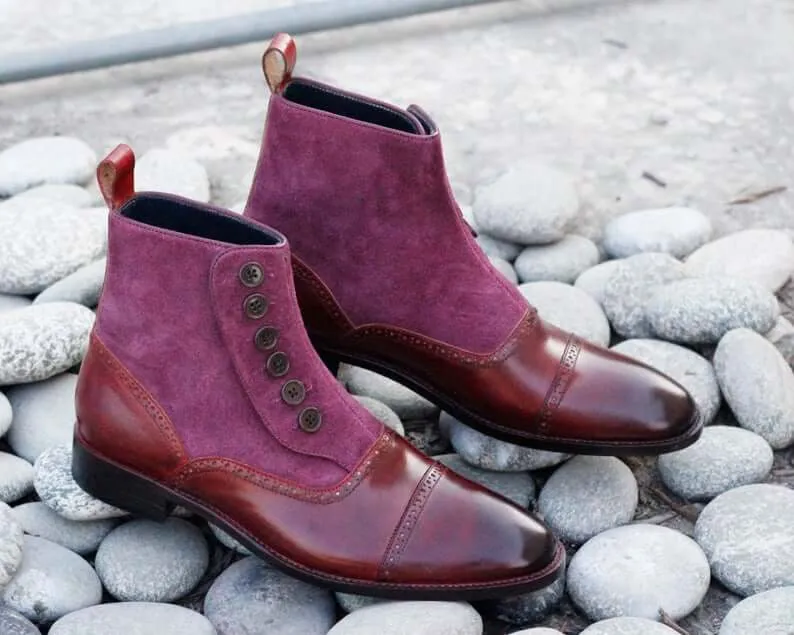 Awesome Men's Handmade Burgundy Leather Suede Cap Toe Button Boots, Men Ankle Fashion Boots