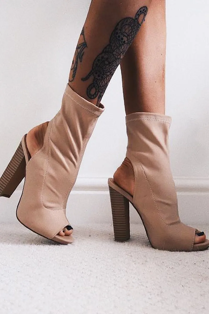 Beige Stretch Peep Toe Heeled Boots - Queen