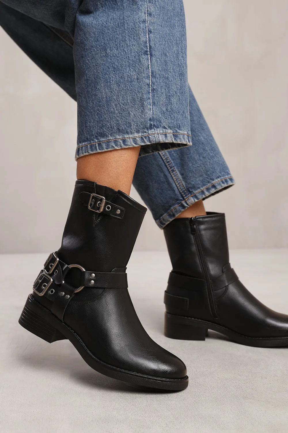 BODE WIDE FIT ANKLE BOOT WITH BUCKLE DETAILING IN BLACK FAUX LEATHER