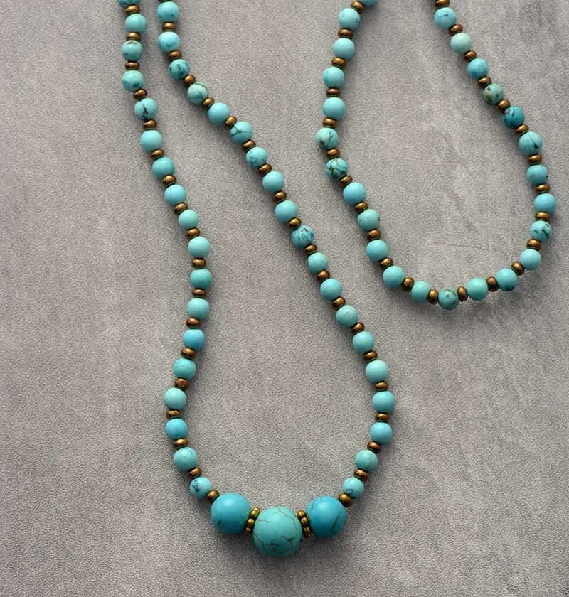 Classic Turquoises Stones Beaded Elastic Strands Necklace