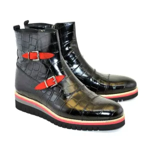 Corrente Black Crocodile Print Calfskin Leather Side Zipper Mens Boot