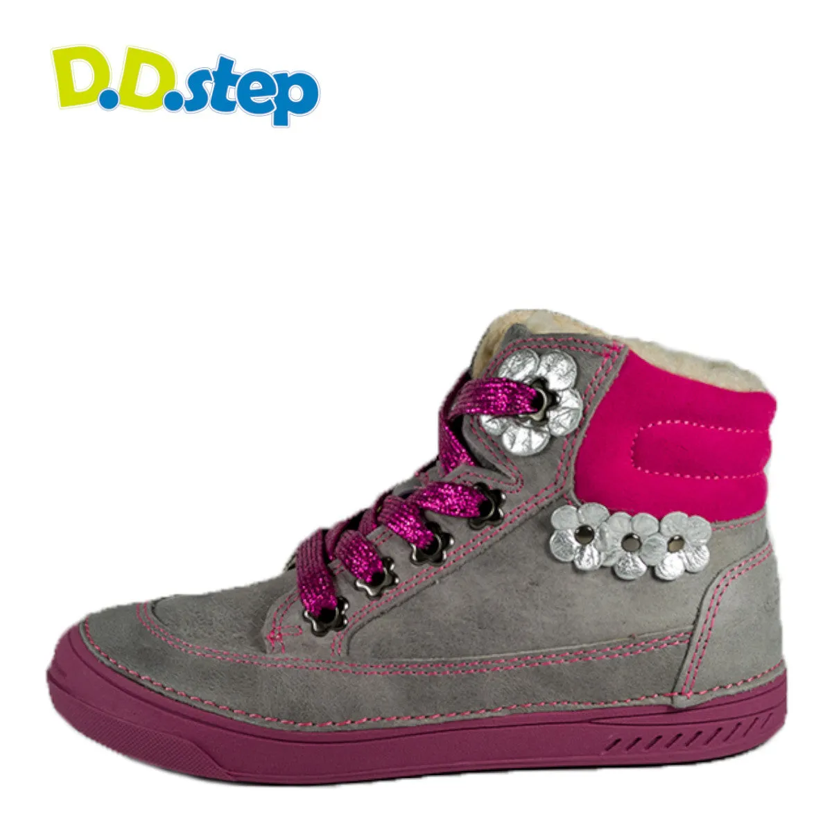 D.D. Step big kid girl shoes/winter boots with faux fur insulation grey with neon pink and silver flowers size US 13-4