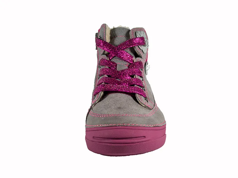 D.D. Step big kid girl shoes/winter boots with faux fur insulation grey with neon pink and silver flowers size US 13-4