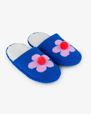 Flower Pom Slide Slippers - Cobalt