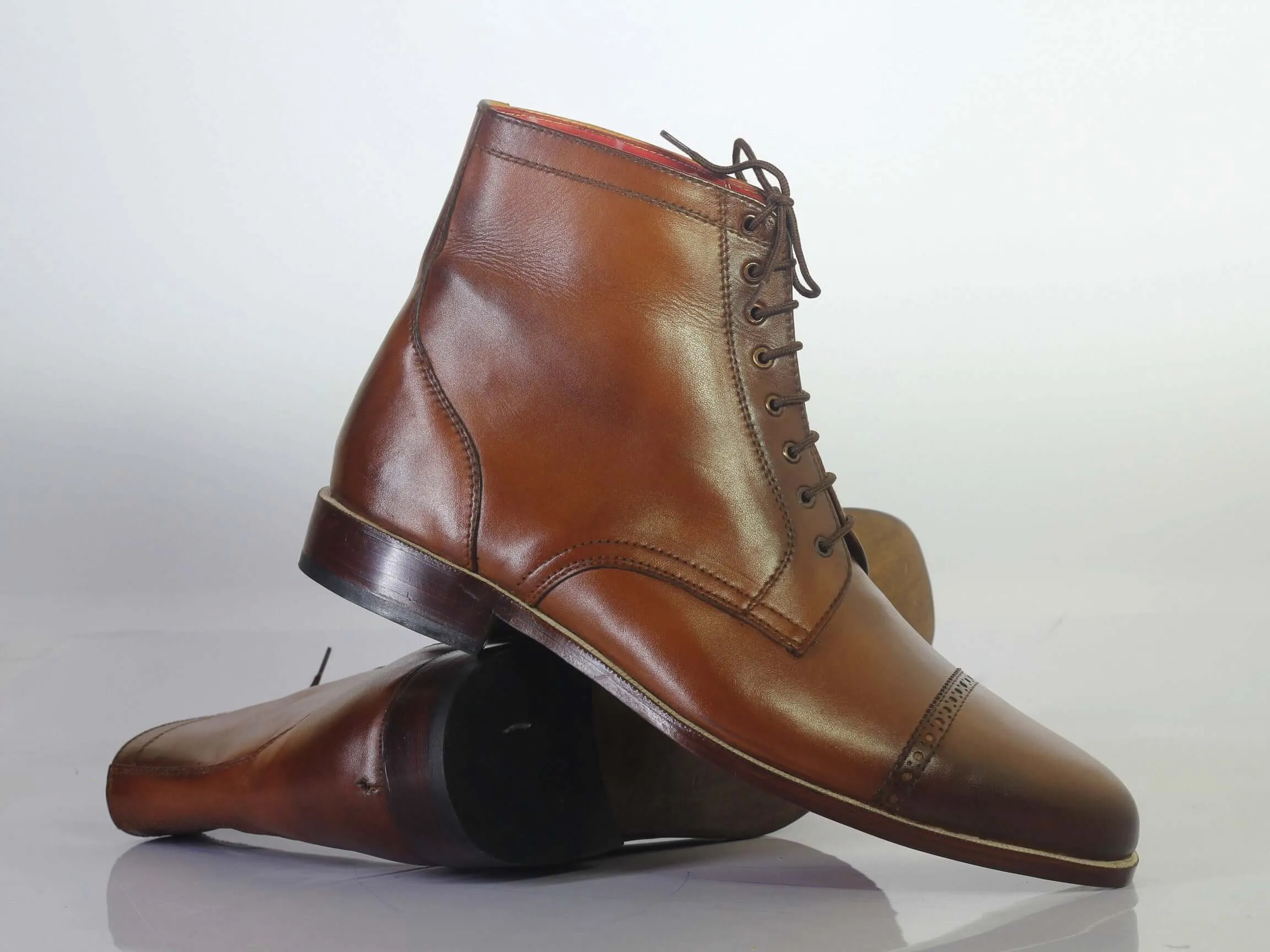 Handmade Men's Brown Leather Cap Toe Lace Up Boots, Men Ankle Boots, Men Designer Boots