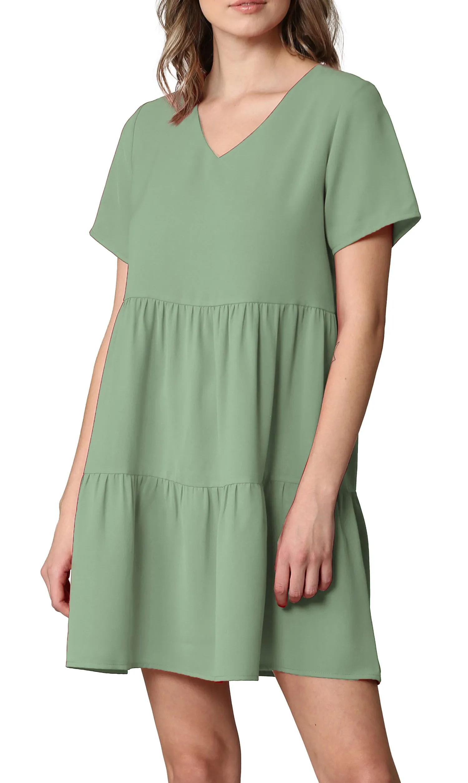 Made By Johnny Casual Flowy Swing Shift Short Sleeve Tiered Dress