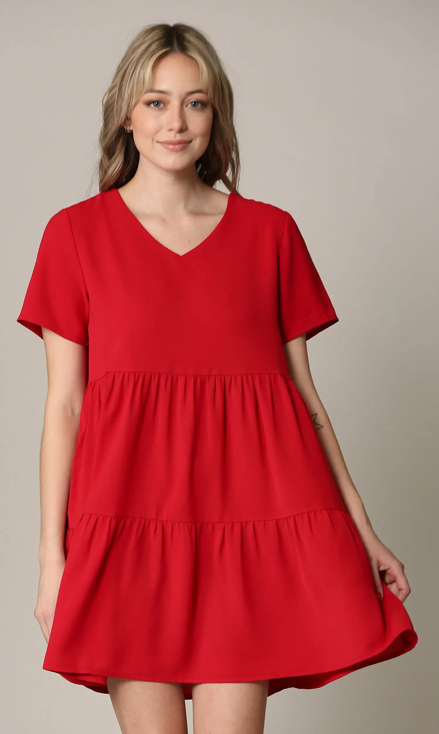 Made By Johnny Casual Flowy Swing Shift Short Sleeve Tiered Dress