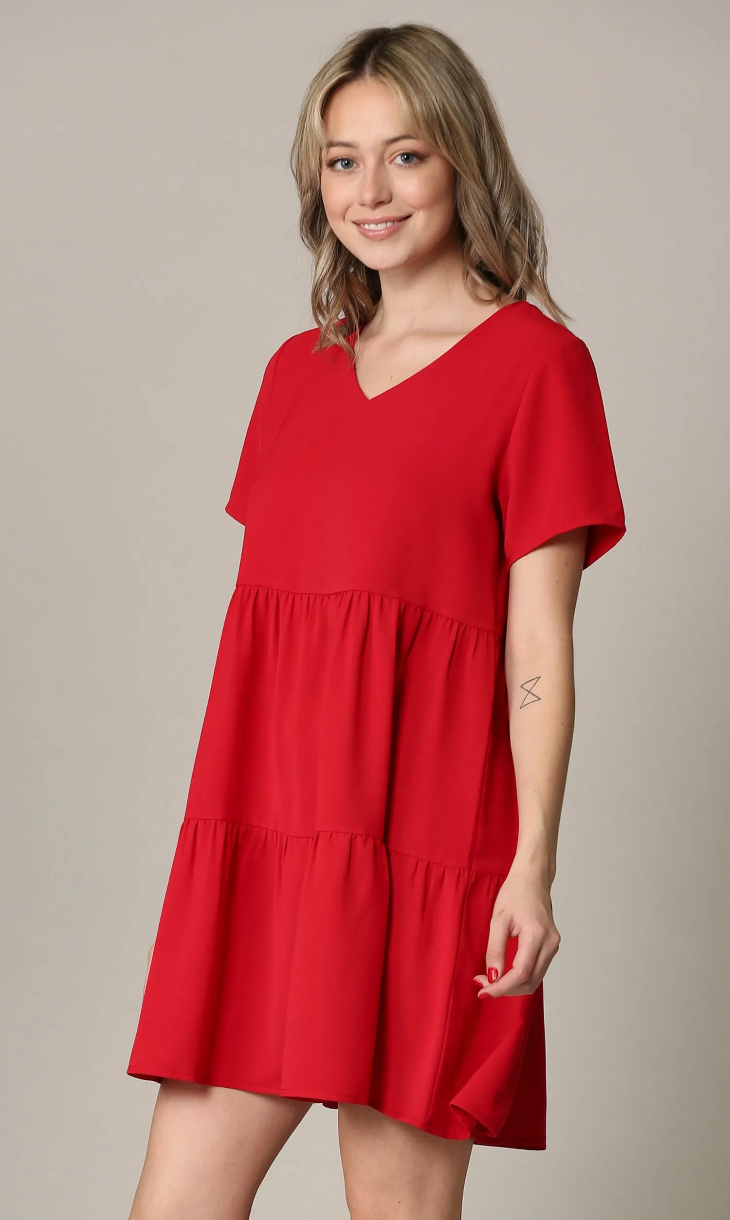 Made By Johnny Casual Flowy Swing Shift Short Sleeve Tiered Dress