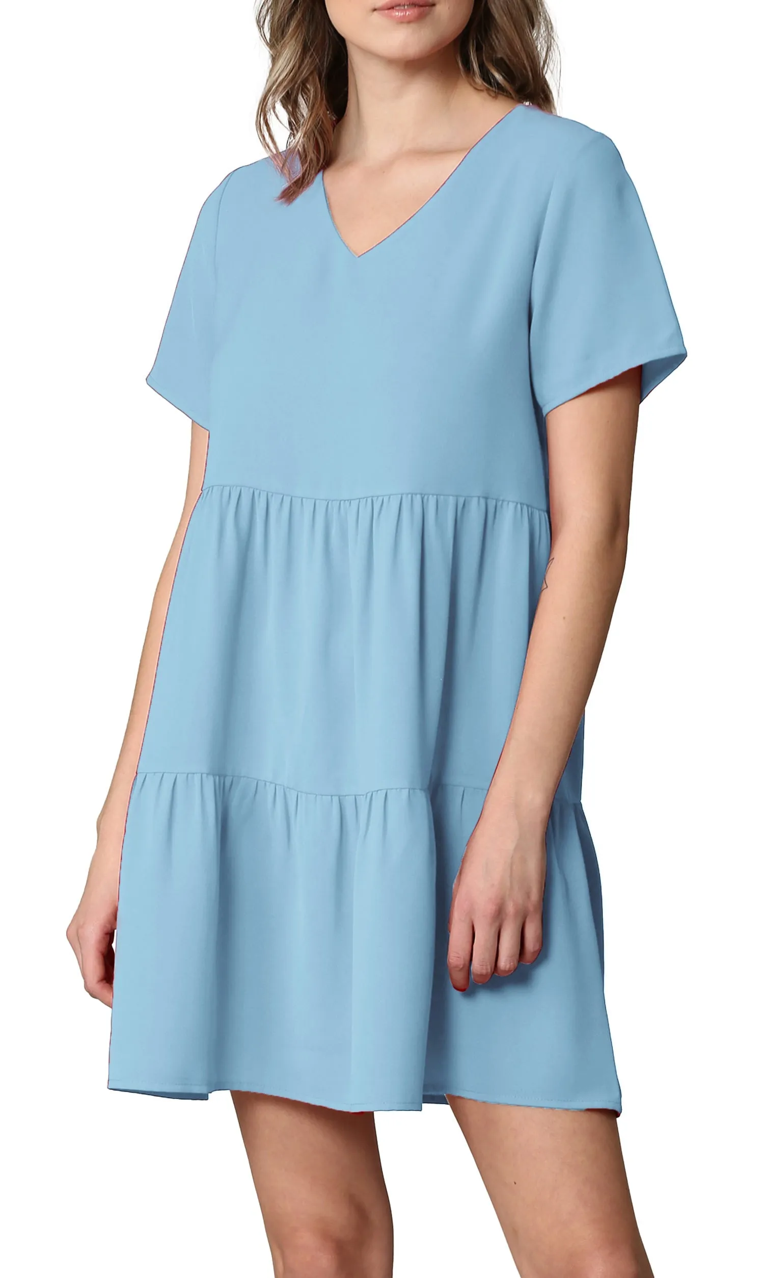 Made By Johnny Casual Flowy Swing Shift Short Sleeve Tiered Dress