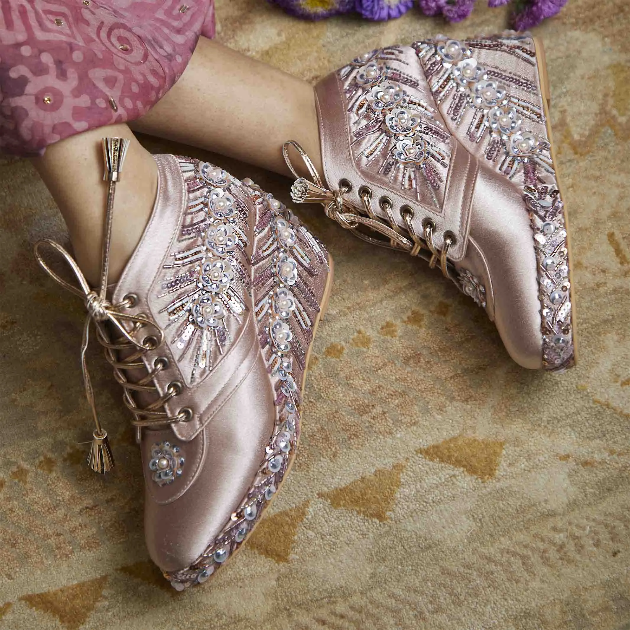 Pink Satin Embroidered Bridal Sneaker Wedges - Customized Wedding Shoes | Tiesta