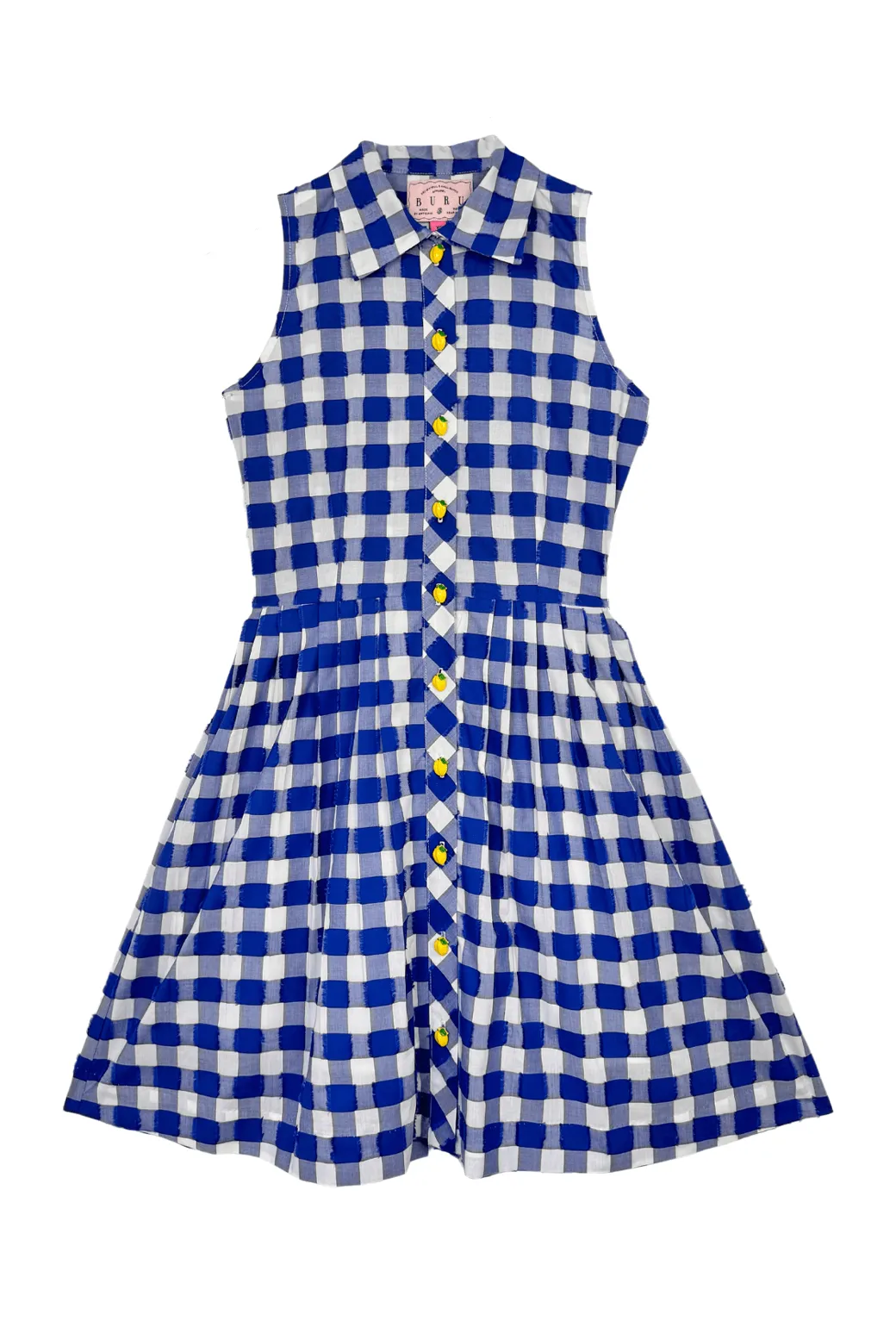 Sleeveless Placket Front MINI Shirtdress - Blue Fringed Gingham