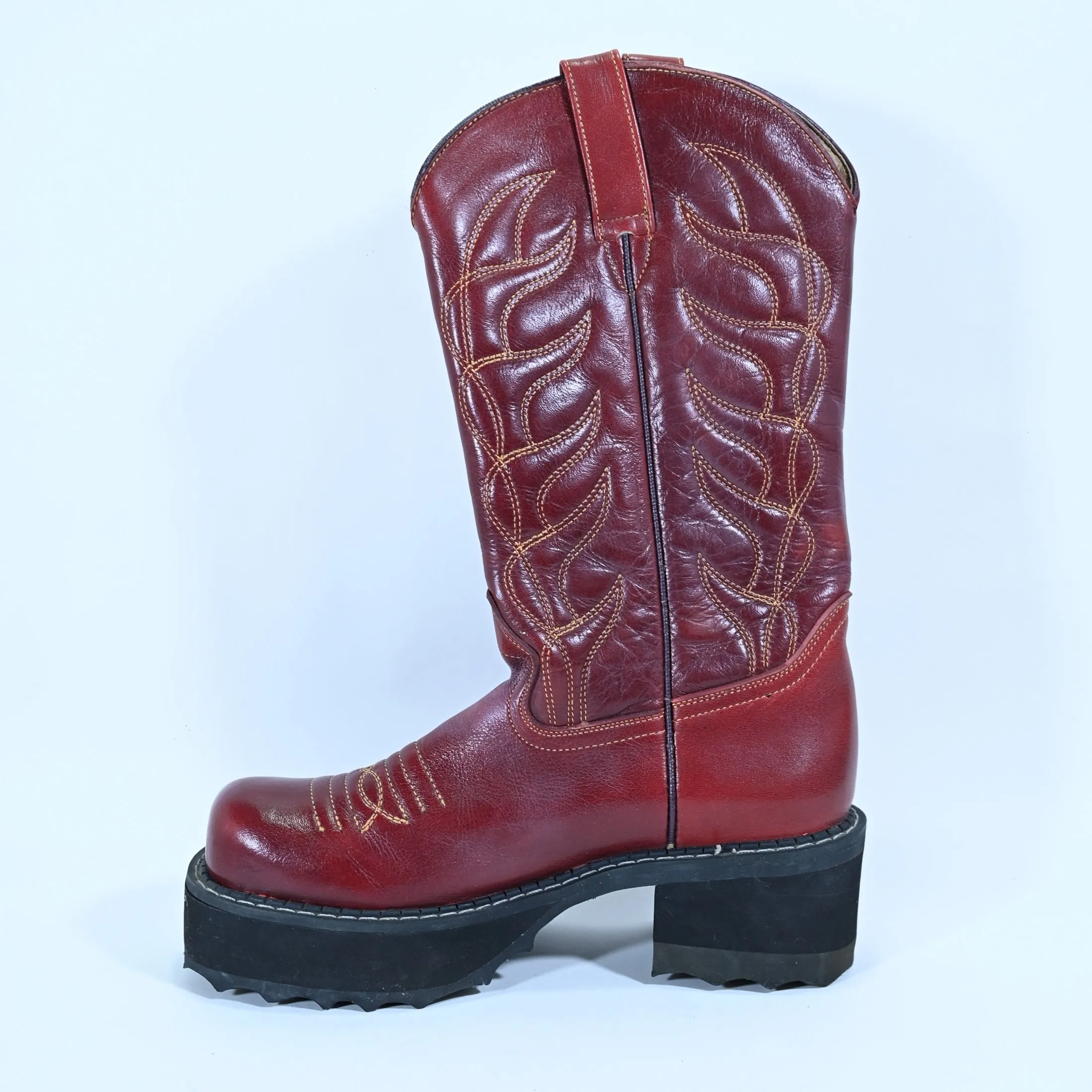 SOLD Vintage John Fleuvog Cowboy Boots, 90s Y2K Red Leather Platform Boots