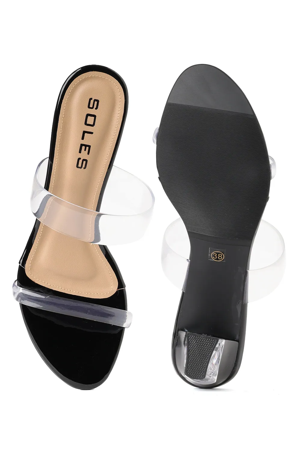 SOLES Transparent Double Strap Crystal Heels