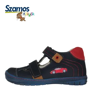 Szamos kid boy sandals in dark blue color and race car pattern with double velcro strap toddler/little kid size