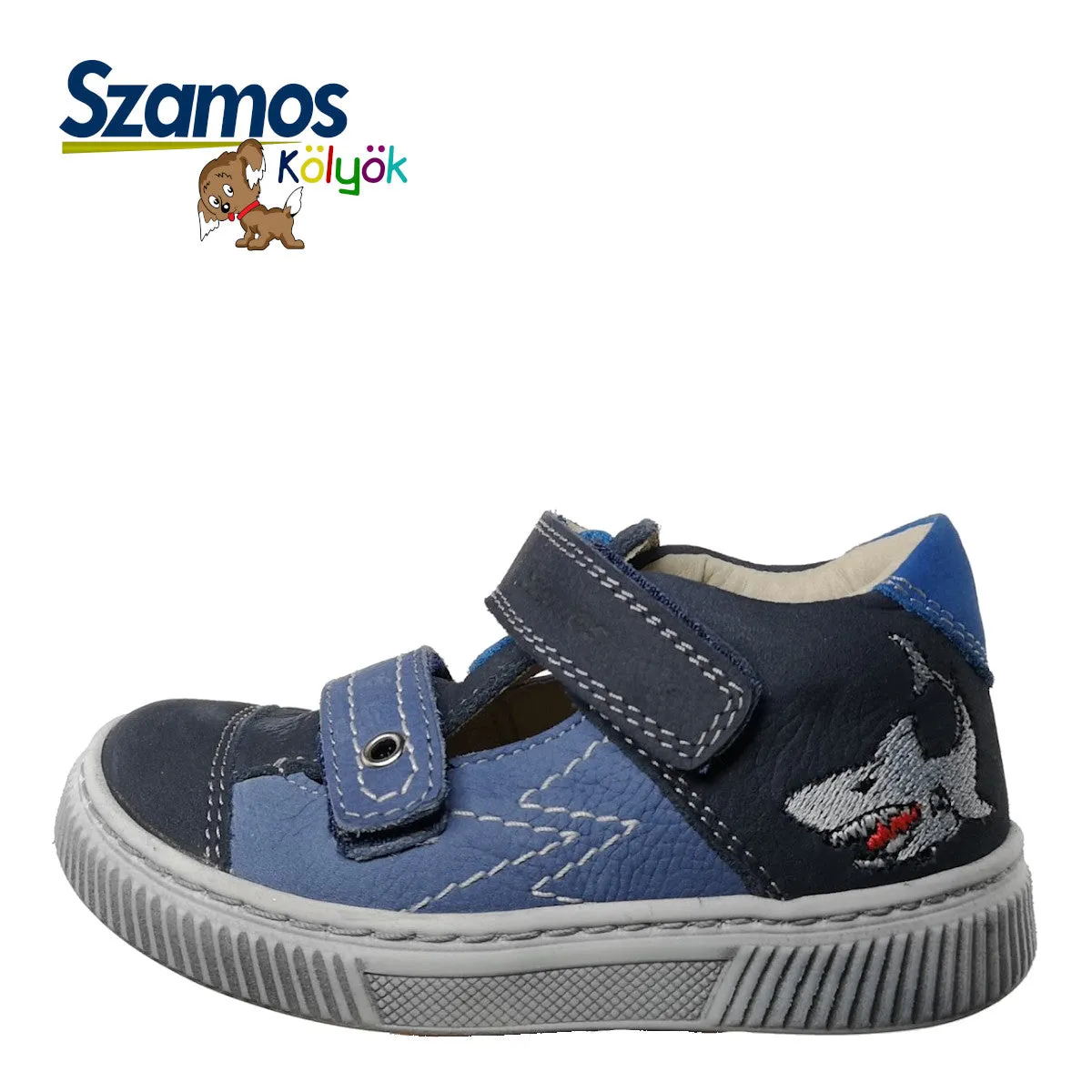 Szamos kid boy sandals in light and dark blue color and shark pattern with double velcro strap toddler/little kid size