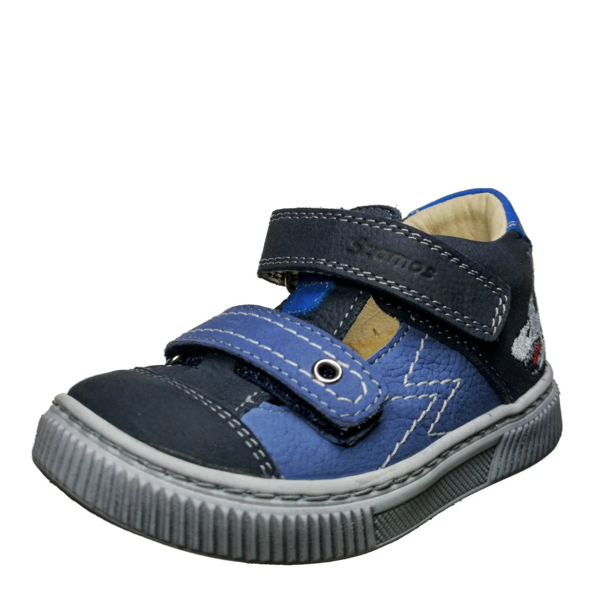 Szamos kid boy sandals in light and dark blue color and shark pattern with double velcro strap toddler/little kid size