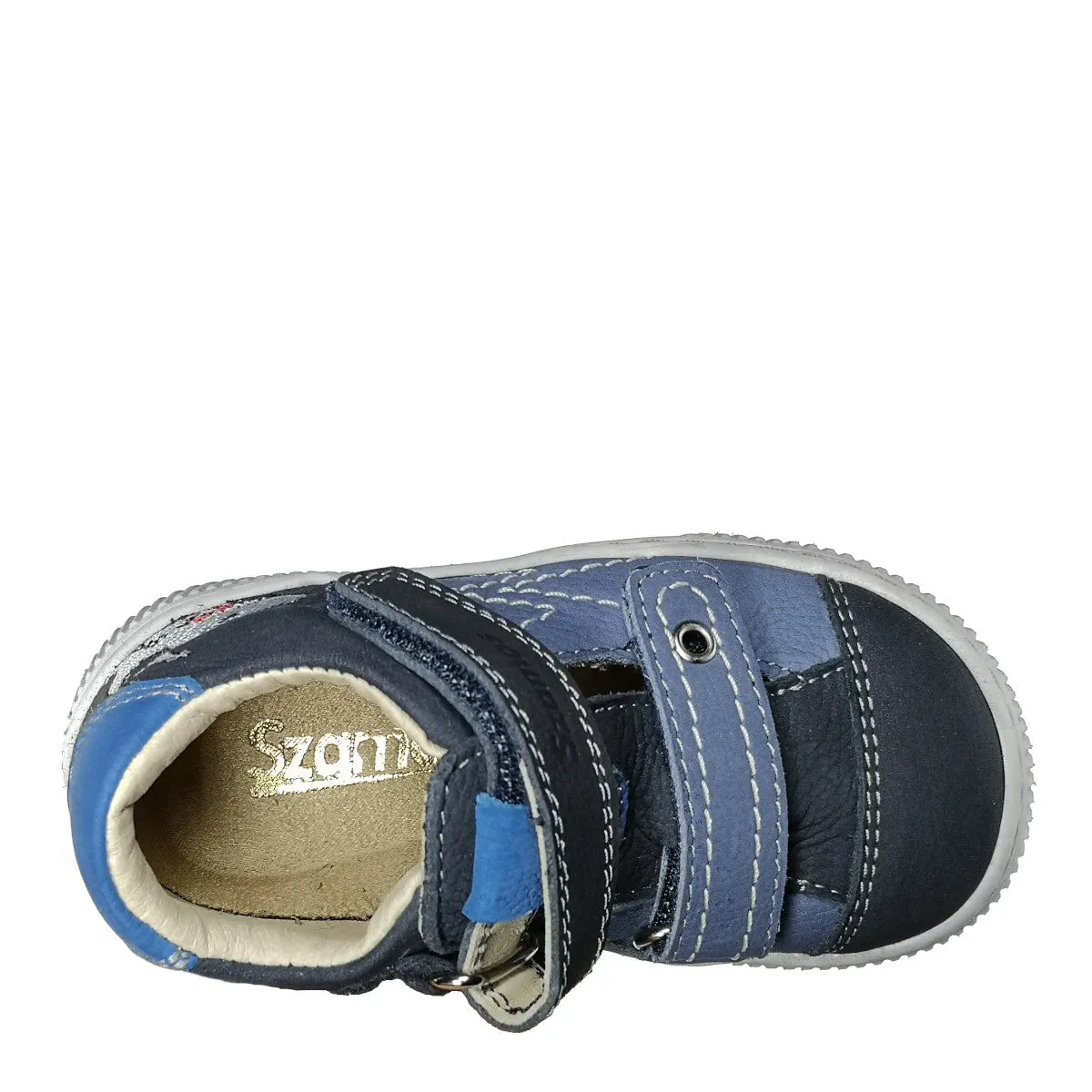 Szamos kid boy sandals in light and dark blue color and shark pattern with double velcro strap toddler/little kid size