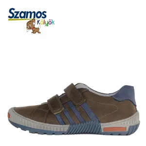 Szamos kid boy sneakers in brown color with blue stripes and double velcro strap big kid size