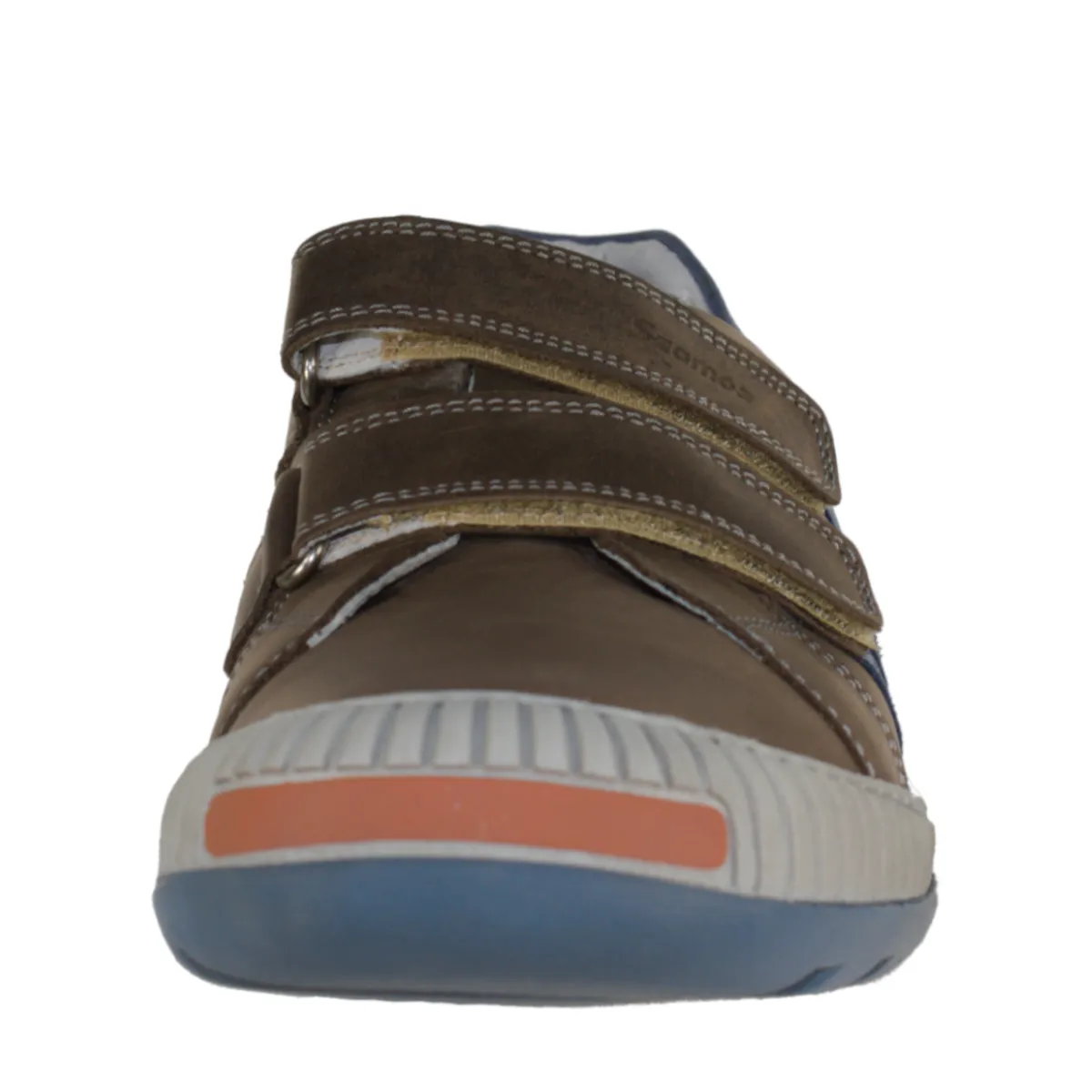 Szamos kid boy sneakers in brown color with blue stripes and double velcro strap big kid size