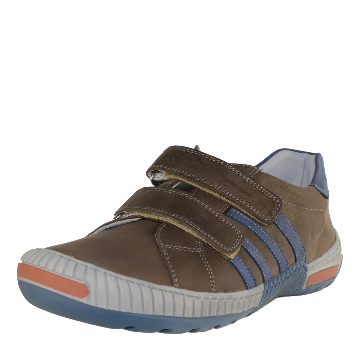 Szamos kid boy sneakers in brown color with blue stripes and double velcro strap big kid size