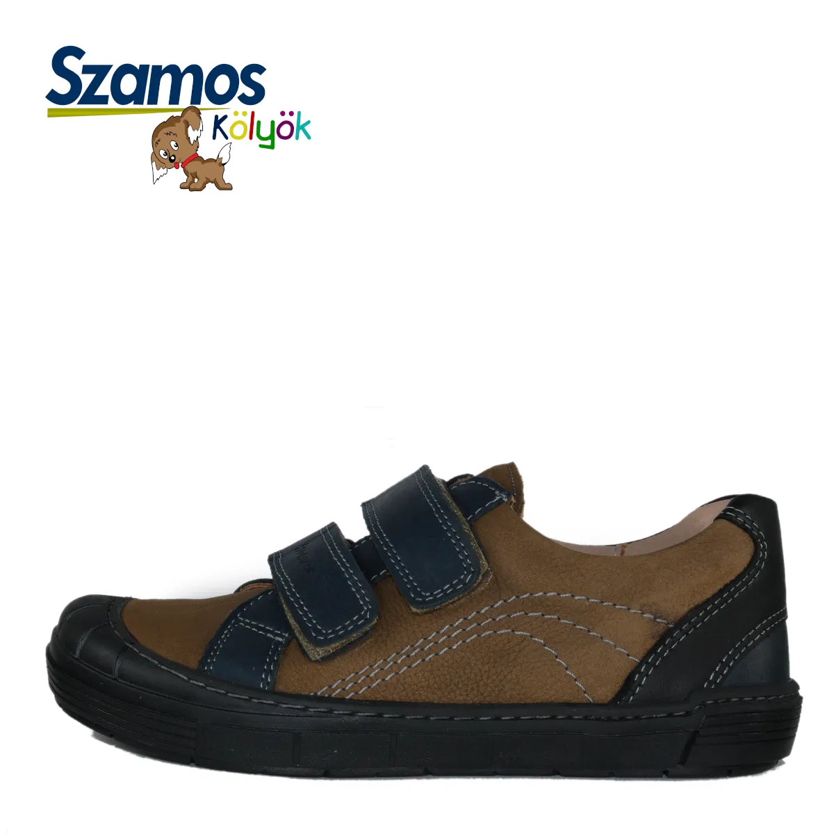 Szamos kid boy sneakers in dark brown color with navy blue detail and double velcro strap big kid size