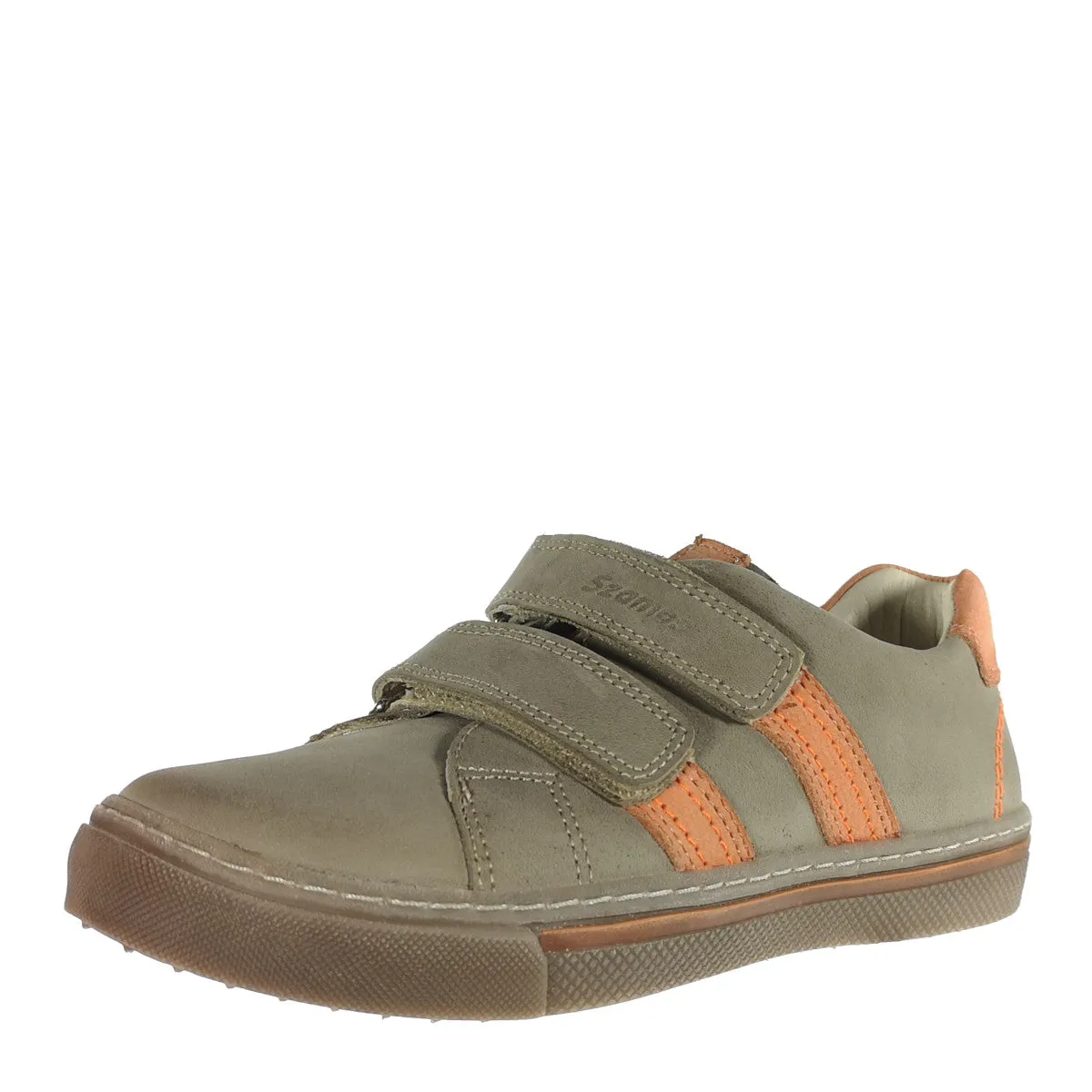 Szamos kid boy sneakers in light brown color with orange detail and double velcro strap big kid size