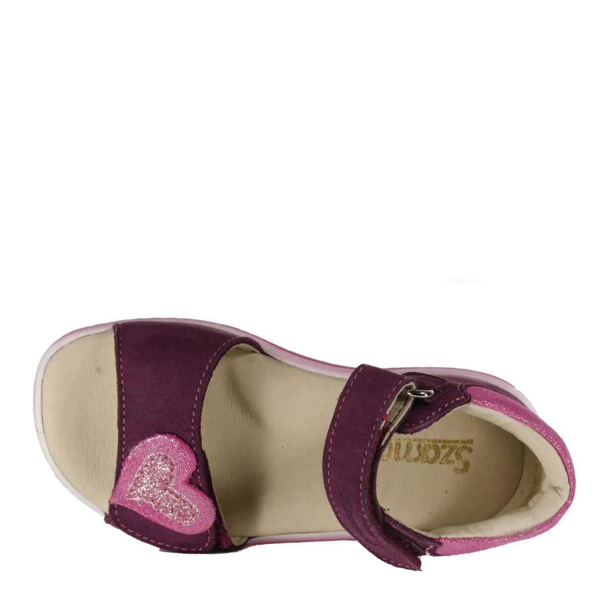 Szamos Kid Girl Sandals In Burgundy Color And Heart Pattern Double Velcro Strap - Made In Europe