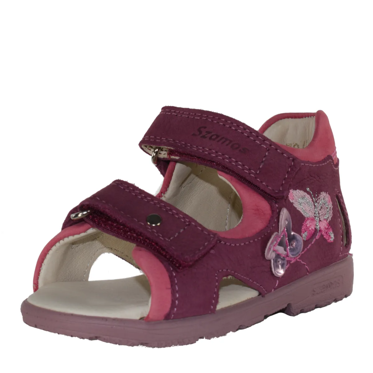 Szamos kid girl supinated sandals in dark pink color and butterfly pattern with double velcro strap toddler/little kid size