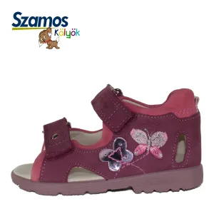 Szamos kid girl supinated sandals in dark pink color and butterfly pattern with double velcro strap toddler/little kid size